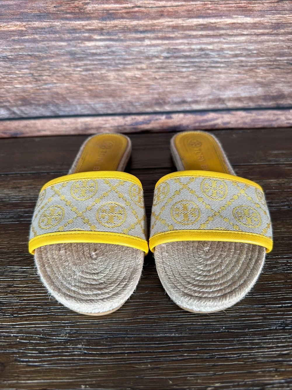 Tory Burch Yellow and Natural T monogram Espadrille Slide Mules
